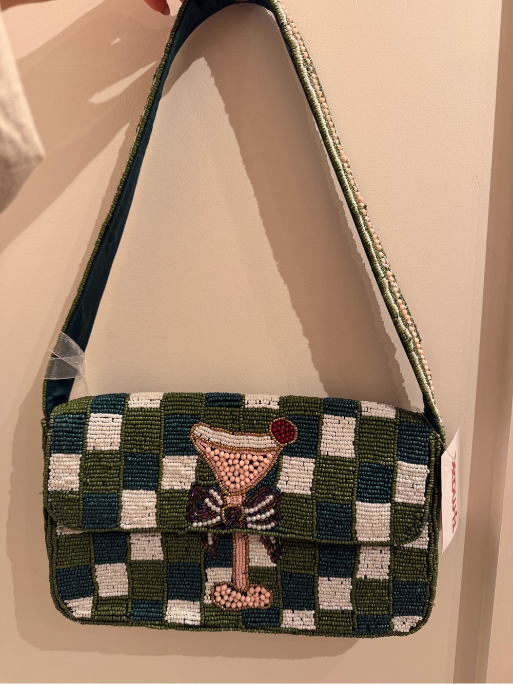 New Beaded Shoulder Bag in Green and White with Cocktail Martiny style